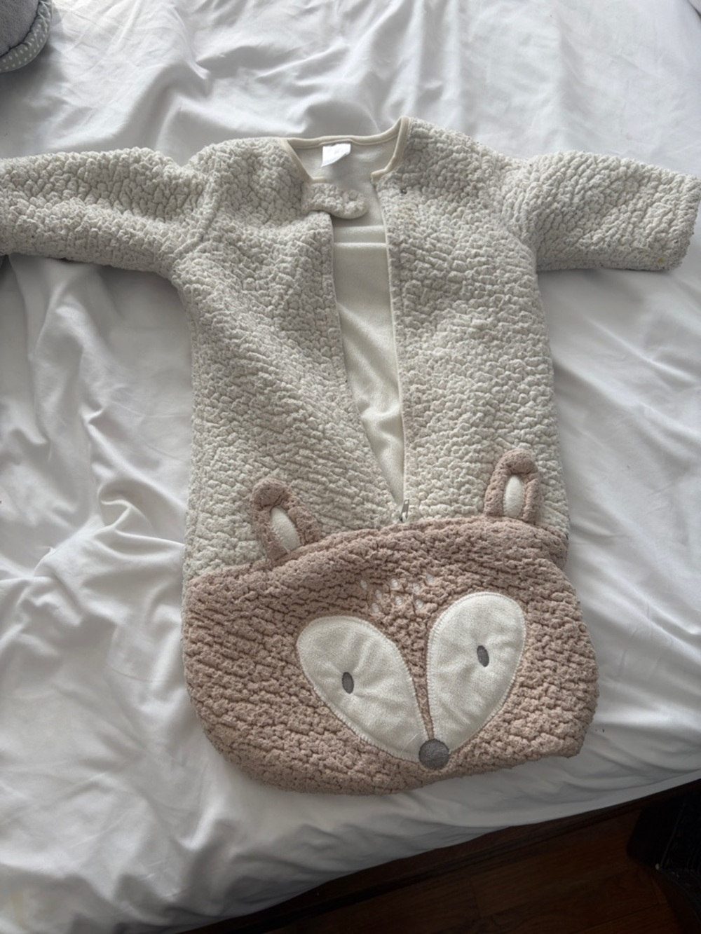 chick pea Cream Plush Sleep Sack with Brown Trim